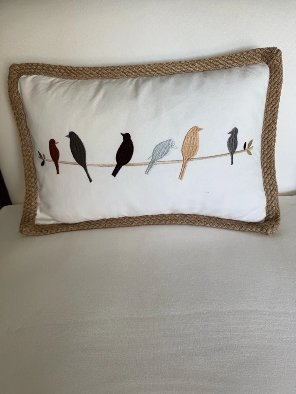 DOMAIN Cotton Jute Embroidered Bird Accent Pillow Duck Feather Insert 14x21